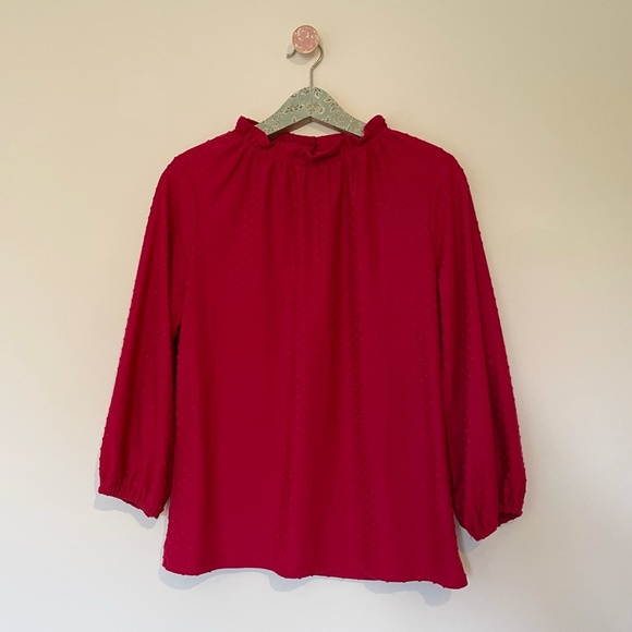 Adrianna Papell Red Textured Clip Dot Ruffle Neck Blouse - Picture 1 of 5
